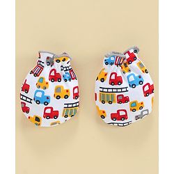 Babyhug 100% Cotton Mitten & Booties Set Vehicle Print - White Grey