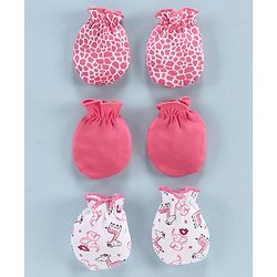 Babyhug 100% Cotton Solid & Printed Mittens Pack of 3 - White Pink
