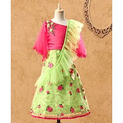 Babyhug Embroidered Full Sleeves Choli & Lehenga Set with Net Dupatta - Pink Green