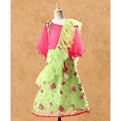 Babyhug Embroidered Full Sleeves Choli & Lehenga Set with Net Dupatta - Pink Green