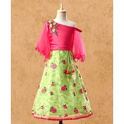 Babyhug Embroidered Full Sleeves Choli & Lehenga Set with Net Dupatta - Pink Green
