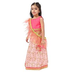 Babyhug Embroidered Ghagra and Sleeveless Choli Set with Net Dupatta - Pink