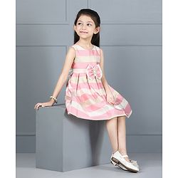 Babyhug Party Wear Sleeveless Stripe Pleated Frock Bow Applique - Pink White