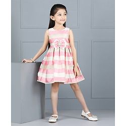 Babyhug Party Wear Sleeveless Stripe Pleated Frock Bow Applique - Pink White