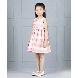 Babyhug Party Wear Sleeveless Stripe Pleated Frock Bow Applique - Pink White
