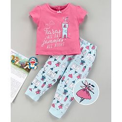 Babyhug Half Sleeves Night Suit Fairy Print - Pink Blue