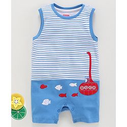 Babyhug 100% Cotton Sleeveless Striped Romper Submarine Patch - Blue