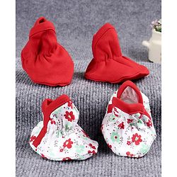 Babyhug 100% Cotton Booties Floral Print - White Red