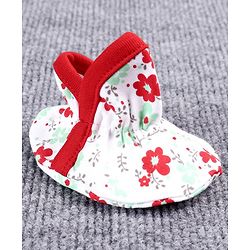Babyhug 100% Cotton Booties Floral Print - White Red