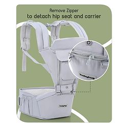 Babyhug Cherish 5-in-1 Hip Seat Baby Carrier:  Ergonomic design with padded straps, Breathable fabric, Foldable head support, storage pockets, and 5 carrying positions for babies up to 15 kg-Grey