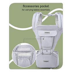 Babyhug Cherish 5-in-1 Hip Seat Baby Carrier:  Ergonomic design with padded straps, Breathable fabric, Foldable head support, storage pockets, and 5 carrying positions for babies up to 15 kg-Grey