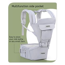 Babyhug Cherish 5-in-1 Hip Seat Baby Carrier:  Ergonomic design with padded straps, Breathable fabric, Foldable head support, storage pockets, and 5 carrying positions for babies up to 15 kg-Grey