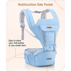Babyhug Cherish 5-in-1 Hip Seat Baby Carrier:  Ergonomic design with padded straps, Breathable fabric, Foldable head support, storage pockets, and 5 carrying positions for babies up to 15 kg-Grey