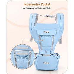 Babyhug Cherish 5-in-1 Hip Seat Baby Carrier:  Ergonomic design with padded straps, Breathable fabric, Foldable head support, storage pockets, and 5 carrying positions for babies up to 15 kg-Grey