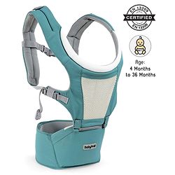 Babyhug Adore 5-in-1 Hip Seat Baby Carrier: Ergonomic, Breathable fabric, Padded straps, Foldable headrest, Secure waist belt, 5 carry positions, and storage pockets for babies up to 15 kg-Green