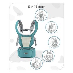 Babyhug Adore 5-in-1 Hip Seat Baby Carrier: Ergonomic, Breathable fabric, Padded straps, Foldable headrest, Secure waist belt, 5 carry positions, and storage pockets for babies up to 15 kg-Green