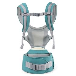 Babyhug Adore 5-in-1 Hip Seat Baby Carrier: Ergonomic, Breathable fabric, Padded straps, Foldable headrest, Secure waist belt, 5 carry positions, and storage pockets for babies up to 15 kg-Green