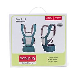 Babyhug Adore 5-in-1 Hip Seat Baby Carrier: Ergonomic, Breathable fabric, Padded straps, Foldable headrest, Secure waist belt, 5 carry positions, and storage pockets for babies up to 15 kg-Green