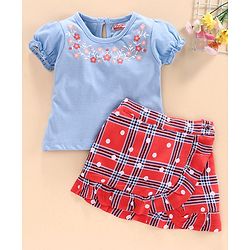 Babyhug Puff Sleeves Floral Print Top & Checks Skirt - Light Blue