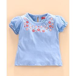Babyhug Puff Sleeves Floral Print Top & Checks Skirt - Light Blue