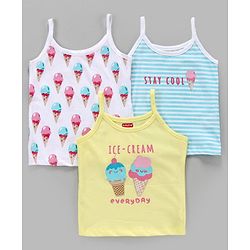 Babyhug 100% Cotton Sleeveless Slips Ice Cream Print Pack of 3 - White Yellow Blue
