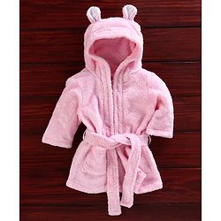 Babyhug Full Sleeves Hooded Velour Bath Robe with 3D Ears - Pink
