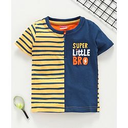Babyhug Half Sleeves Stripe Tee Super Little Bro Print - Yellow Navy Blue