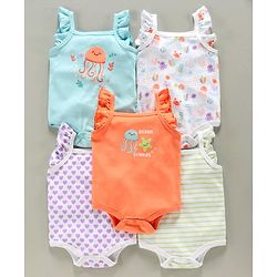 Babyhug 100% Cotton Flutter Sleeves Onesies Multiprint Pack of 5 - Multicolor
