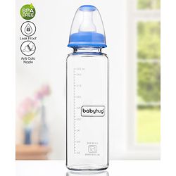 Babyhug Standard Neck Glass Feeding Bottle Blue - 250 ml