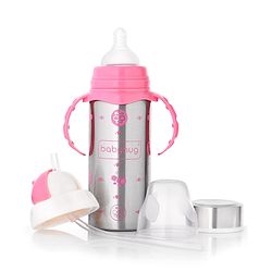 Babyhug 3-in-1 Stainless Steel Bottle with Twin Handles Pink - 180 ml