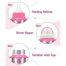 Babyhug 3-in-1 Stainless Steel Bottle with Twin Handles Pink - 180 ml