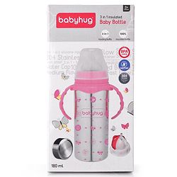 Babyhug 3-in-1 Stainless Steel Bottle with Twin Handles Pink - 180 ml