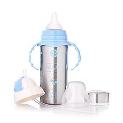 Babyhug 3-in-1 Stainless Steel Bottle with Twin Handles Blue - 180 ml