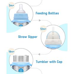 Babyhug 3-in-1 Stainless Steel Bottle with Twin Handles Blue - 180 ml