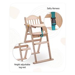 Babyhug Salvador Wooden Foldable Baby Dinning High Chair - Natural| No Assembly Required| Eco Friendly| Neutral Astetics