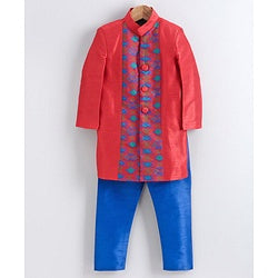 Babyhug Full Sleeves Embroidered Sherwani Set - Red Blue