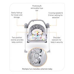 Babyhug Galaxy Electric Swing with Extra Free Motor & Remote - Grey (Without Hanging Toys)| Automatic & Manual Operation| 3 Swing Speed| Off Timer| Built-in Music & Soothing Vibration| Compact Fold| Safety Harness| Cushion Seat