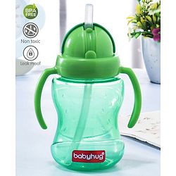 Babyhug Straw Sipper Bottle with Twin Handles  Green, 180 ml | BPA Free | Spill-Resistant | Easy Grip |Flip Up Straw | Travel Friendly | Ideal for Newborns & Toddlers