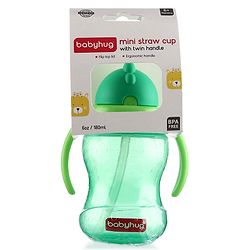Babyhug Straw Sipper Bottle with Twin Handles  Green, 180 ml | BPA Free | Spill-Resistant | Easy Grip |Flip Up Straw | Travel Friendly | Ideal for Newborns & Toddlers