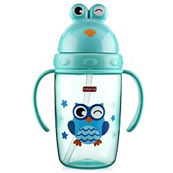 Babyhug Owl Print Straw Sipper Bottle  360 ml, Blue | BPA Free | Spill-Resistant |Flip Lid | Dishwasher Safe | Travel Friendly | Ideal for Newborns & Toddlers