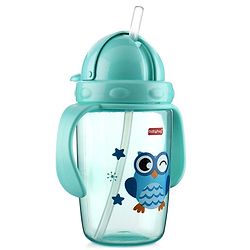 Babyhug Owl Print Straw Sipper Bottle  360 ml, Blue | BPA Free | Spill-Resistant |Flip Lid | Dishwasher Safe | Travel Friendly | Ideal for Newborns & Toddlers