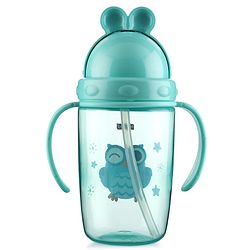 Babyhug Owl Print Straw Sipper Bottle  360 ml, Blue | BPA Free | Spill-Resistant |Flip Lid | Dishwasher Safe | Travel Friendly | Ideal for Newborns & Toddlers