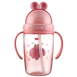 Babyhug Owl Print Straw Sipper Bottle  360 ml, Pink | BPA Free | Spill-Resistant |Flip Lid |Dishwasher Safe |