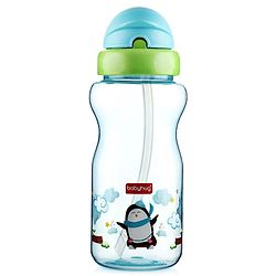 Babyhug Straw Sipper Bottle with Penguin Print - 300 ml, Blue | BPA Free | Leak-Resistant | Flip Open Lid | EN Certified | Dishwasher Safe | Ideal for Newborns & Toddlers