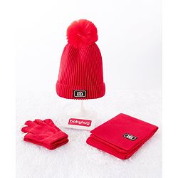Babyhug Woollen Cap & Gloves With Muffler Pom Pom Detailing Red - Diameter 12 cm