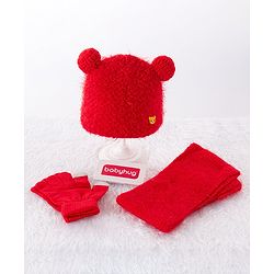 Babyhug Woolen Cap & Gloves With Muffler Red -  Diameter 10 cm