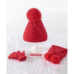 Babyhug Woollen Cap & Gloves With Muffler Pom Pom Detailing  Red - Diameter 11 cm