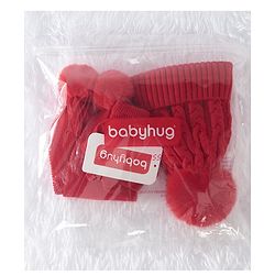 Babyhug Woollen Cap & Gloves With Muffler Pom Pom Detailing  Red - Diameter 11 cm