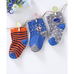 Cute Walk by Babyhug Anti-bacterial Stripes & Space Design Socks Set of 3 - Orange Blue Grey