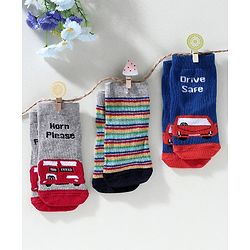 Cute Walk by Babyhug Ankle Length Anti Bacterial Socks Vehicle Design Pack of 3 - Blue Grey